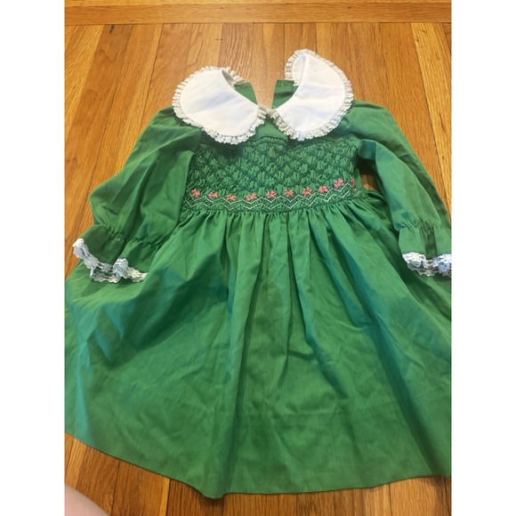 Vintage Polly Flinders Hand Smocked Green Floral‎ Embroidered Dress Girls Sz 6 - Picture 1 of 12